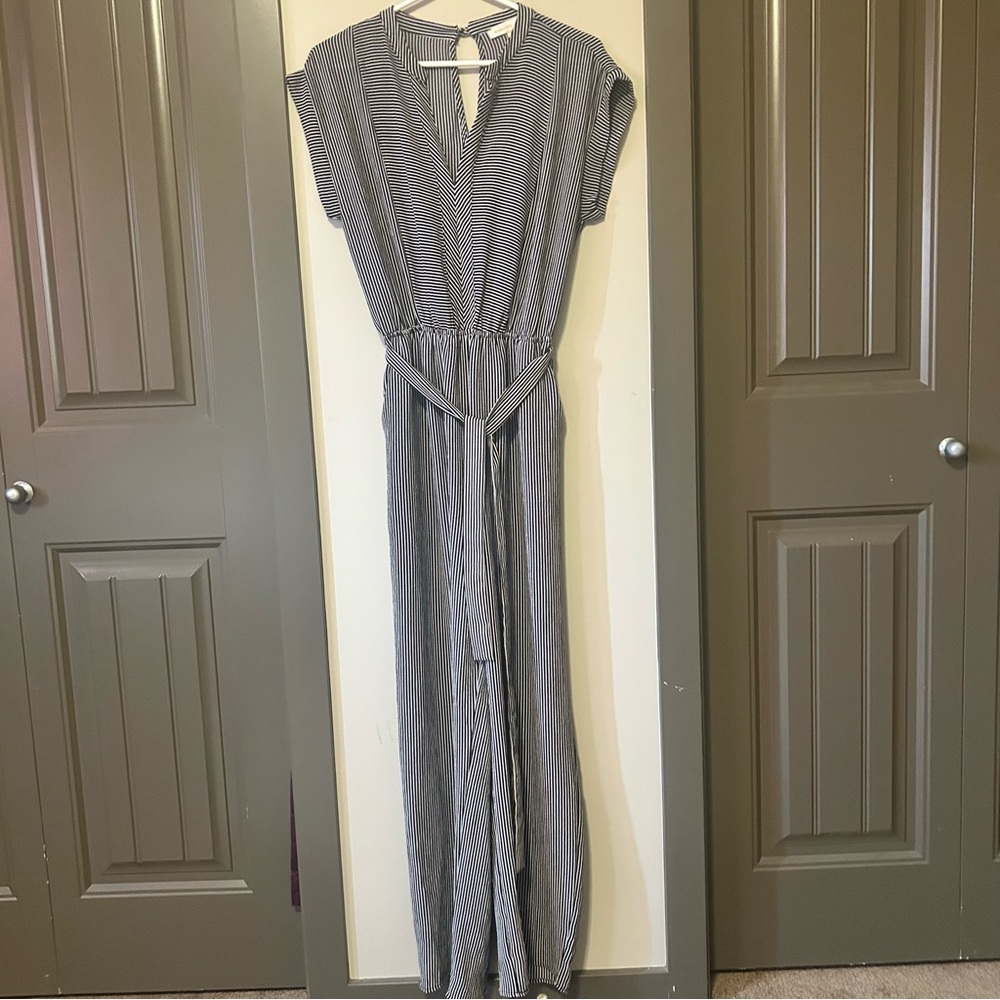 Monteau Los Angeles Striped Wide Leg Jumpsuit with Belt Size Large